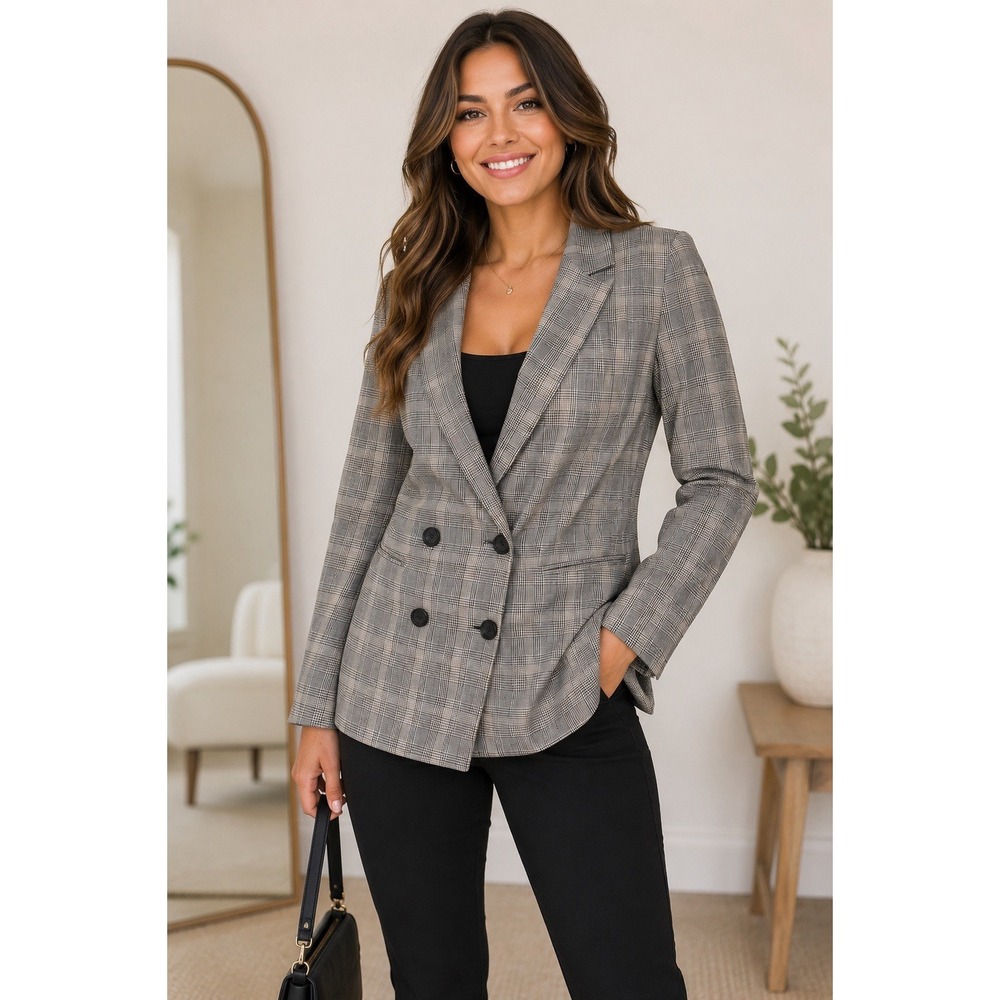 Tahari Gray Plaid Double Breasted Blazer Jacket‎ Women's Size M